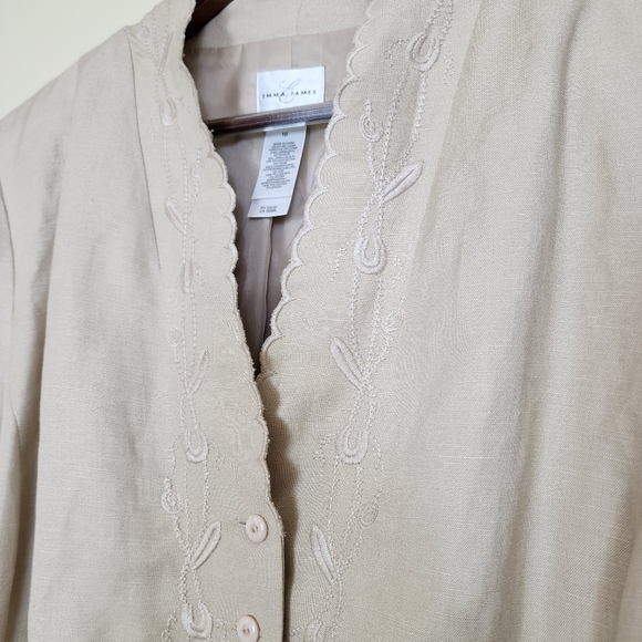 Emma James Embroidered Linen Blazer Jacket Beige Scalloped Cuff Edges Size 16 - Picture 2 of 9